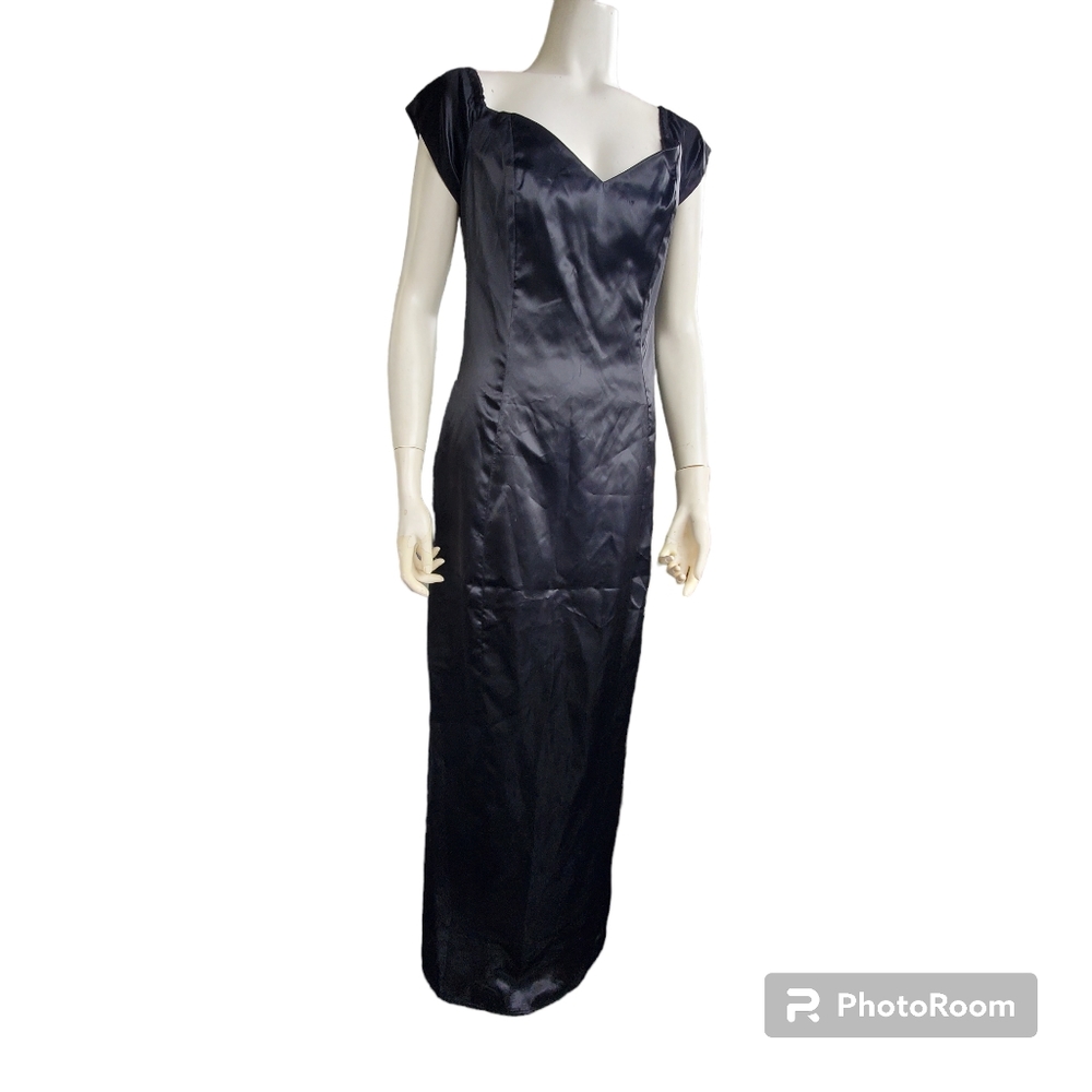 Vintage Marlene's Black 60" Long Gown / Black Satin Long Maxi Dress Gown